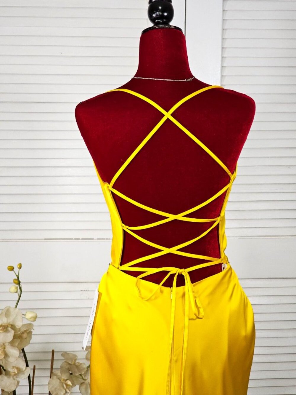 NWT Ellie Wilde Mon Cheri Sunflower Yellow Satin Long Prom Dress Size 16 1751 - Picture 6 of 16